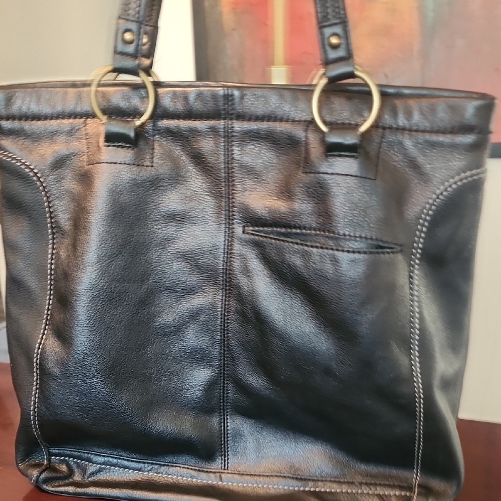 The Sak Black Pebbled Leather Tote Shoulder Bag Brass Hardware - Picture 6 of 11